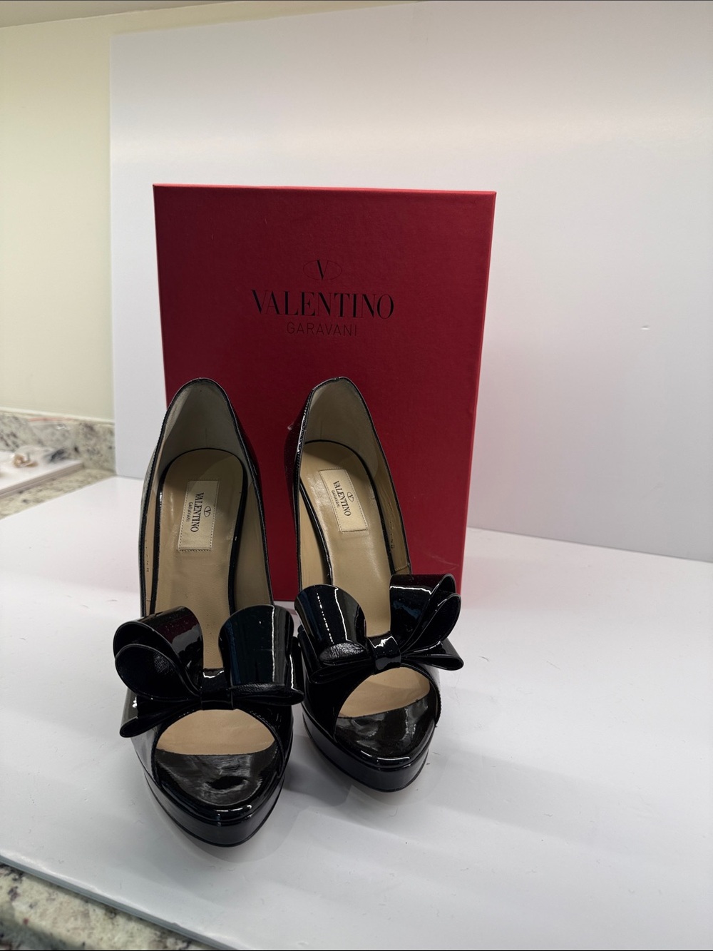 Valentino Black Patent Leather Peep-Toe Pumps with Bow